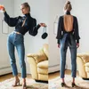 Women Sexy Backless Hollow Out Satin Blouse Casual Long Sleeve Turtleneck Elegant Shirt Tops Navy Blue Light Yellow Women's Blouses & Shirts