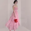 Verão doce rosa polka dot feriado praia longo mulheres spaghetti cinta sem encosto elegante strapless chiffon maxi vestido 210416