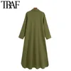 Women Chic Fashion Pockets Linen Asymmetric Midi Shirt Dress Vintage Long Sleeve Button up Female Dresses Mujer 210507