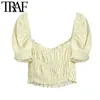 Vrouwen mode met elastische versieringen print bijgesneden blouses vintage vierkante kraag korte mouw vrouwelijke shirts chique tops 210507