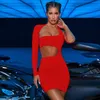 Pełny rękaw jeden ramię Sexy klub Hollow Out Lady's Dress Mini Bodycon Vestidos Odzież Motocykl Backless Wrap czerwone sukienki 210507