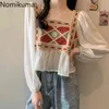 Nomikuma vintage short camisas mulheres colarinho quadrado manga comprida blusa feminina ligeiramente transparente casual retro tops blusas mujer 210514