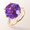 Amethyst-Stein-Kristall-Ring für Frauen, Verlobung, großer Edelstein-Schmuck, Braut, luxuriös, 18 Karat Roségold, Krappenbesatz, Diamant-Geschenk