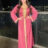 Siskakia Ramadan Eid Rosa Maxi Klänning för kvinnor Modest Muslim Turkiet Arabiska Dubai Diamond Ribbon V Neck Långärmad Jalabiya 210915