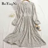 Beiyingni Floral Printed Women Dress Elegant Vintage Korean Fashion Vestidos Womans Buttons O-neck Long Sleeve Chiffon Dresses Y1204