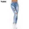 Jeans kvinna hög midja rakt skinny stretchy byxa streetwear kvinnor brev skriv ut hål tvättade denim penna pants byxor 211129