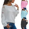 Полые простые вершины футболки женские кружевные лоскутные кладки осень топ женские дамы с длинным рукавом футболки женские весенние повседневные плюс размер женской футболке