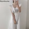 Nomikuma élégant sans manches robe blanche femmes couleur unie taille mince dos nu mi-mollet robes mode coréenne Vestidos 3b091 210514