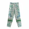 Za Green Floral Print High Waist Pants Women Vintage Elastic Waist Summer Trousers Female Chic Front Pockets Casual Pants 210602