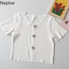 Neploe Sweet Cute T Shirt Kobiety Lato Przycięte Dzianiny Krótki Rękaw Tees Koreański Moda Kwiat Dekoracja Slim Pullover Topy 210422