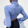 Весна синяя футболка женская водолазка пустые из голой груди сексуальные топы вспышки рукава Урожай короткой футболке T0D321A 210421