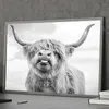 Svartvitt Highland Cow Canvas Painting Prints och Posters Wild Animals Cattle Canvas Målningar för vardagsrumsinredning