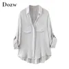 Casual blusa xadrez mulheres solta de manga longa volta divisão túnica tops Deixar camisa de escritório senhoras de colarinho com bolsos 210515