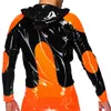 Men's Jackets Orange And Black Sexy Latex Jacket With Zippers Pockets Hoodies Rubber Coat Top YF-0278