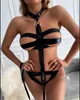 Porn Solid Color Halter Cutout Strappy Erotic Backless PU Leather Teddies Femme Babydoll Lingerie Romantic Underwear Ladies Set 210415