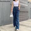 Nomikuma Hög midja Jeans Kontrastfärg Straight Loose Wide Ben Denim Byxor Kvinnor Casual Streetwear Trousers Höst 3633 210514