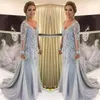 Elegant Blue Silver Mother of the Bride Dresses Long Sleeves 2021 V Neck Godmother Evening Dress Wedding Party Guest Gowns New268e