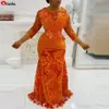 2022 Africain Orange 3/4 Manches Longues Robes De Soirée Avec Des Appliques De Dentelle Sheer Décolleté Sirène Robe De Bal Aso Ebi Mère De La Mariée Robes 5s4