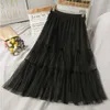 Elegant Bow Tulle Pleated Skirt Vintage Women Summer Black Midi Long s Korean Lolita Jupe White Mesh For Teenagers 210421