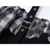 Crop Plaid Patchwork Fake 2 Pieces Blouses Or Tops Women Long Sleeve Party Club Bar Slim Sexy Shirts Punk Strap E-Girl Blusas 210515