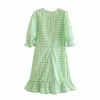 Vintage vert robe à carreaux manches bouffantes mini robes femme volants ourlet chemisiers d'été 210421