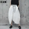 [EAM] 2021 New Spring Autumn High Waist Drawstring White Loose Big Size Loose Wide Leg Pants Women Trousers Fashion Tide JR505 Q0801