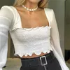 French Romance Ruffles See-through tops women T-shirtsspring summer Elegant Ladies White Black Stretch Slim T-Shirts 210527