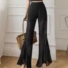 Dames zomer zwarte chiffon onregelmatige flare broek dunne elastische hoge taille losse veelzijdige drape casual brede beenbroek voor vrouwen q0801