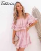 Sommar sexig blommig klänning elegant av axel midja lös ruffles pläterad rosa kjol för damer strand mini sundress 210514