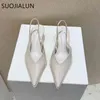 SUOJIALUN Fashion Brand Thin Heel Women Sandals Shoes Ladies Elegant Pointed Toe Slingback Sandals Slip On Mule Party Dress Shoe K78