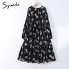 Syiwidii Dress for Women Vintage Floral Print Midi Casual Long Sleeve Spring Summer Empire Plus Size Black Elegant Dresses 210630