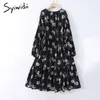 Syiwidii Kleid für Damen, Vintage-Blumendruck, Midi, lässig, langärmelig, Frühling, Sommer, Empire-Stil, Übergröße, Schwarz, elegante Kleider 210630