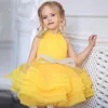 Tjejklänningar Gul Elfenben Puffy Baby Girl Bow High Collar First Communion Kids Dress Knee Length Flower Weddding
