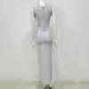 Women's High Quality Grey V-neck Sleeveless Tights Split Long Rayon Bandage Dress Sexy Party Vestidos 210525