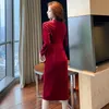 Frühling Französisch Stil Vintage Kleid Rot Helle Samt Weibliche Elegante Rüschen Frauen mit Gürtel Robe Femme 12556 210521
