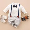 Vår och höst bomull Baby Boy Grace Imitation Långärmad Gentleman Bow Tie Jumpsuit Rompers Babys kläder 210528