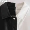 Mulheres vintage preto branco cor retalhos pu blusa de couro feminino manga curta bolso remendo camisa chique blusa tops ls9251 210416