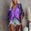 Chiffon V Neck Bat Sleeve Tie Dye Tryckt T-shirts Sommar Kvinnors Fashion Loose Button Casual Beach Tee Plus Size 210522