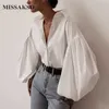 Missakso Sonbahar Seksi Fener Kol Gömlek Streetwear Zarif Ofis Bayanlar Gevşek Katı Temel Kadın Bluzlar Tops Beyaz Siyah 210625