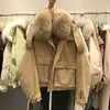 Janveny réel fourrure femme doudoune courte en vrac 90% blanc canard vers le bas manteau mode femme grande poche bouffée neige vêtements d'extérieur 211012