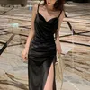 Zomer hoge spleet zwarte vrouwen fluwelen partij sexy backless nacht slip jurk 210415