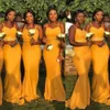 2021 Seksi Sarı Mermaid Nedime Elbiseleri Afrika Batı Düğünler için Zarif Spagetti Sapanlar Sevgiliye Dantel Aplikler Elastik Saten Uzun Hizmetçi Onur Törenlerinde