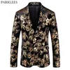 Herren Fancy Floral Gold Print Luxus Kleid Blazer Kerb Revers Slim Fit Männer Casual Kleid Anzüge für Party Hochzeit Kostüm homme 210522