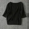 Kortärmad sommar Kvinnors T-shirt Stickad Hollw Out V Neck Loose Tee Femme Ol Style Base Solid Kvinna T-shirt 14006 210512