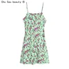 Yaz Moda Bağbozumu Ipek Saten Doku Çiçek Baskı Ince Spagetti Kayışı Elbise Kadın Chic Vestido 210508