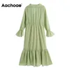 Chic Women Ruffles Lace Chiffon Dresses Female V Neck Sweet Midi Long Sleeve A Line Elegant Dress 210413