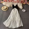 Summer Chiffon Backless Sling Long Dress Women Elegant V-neck A-line skirt Black Splicing White High Waist Gown Dresses 210430