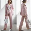 Plus -storlek Vintage Ladies Suits Solid Pink Loose Casual Women Jacket Bleiser Mujer Korean Stylish Office Pant Suit MM60NTZ Women's Two Piece