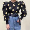 Koreański rękaw puff kobiety sweter dzianin wiosna jesień polka dot zima top z dzianiny o-neck sweter dolny jumper 210918