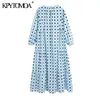 Kpytomoa Kobiety Chic Moda Geometryczne Drukuj Ruffled Midi Dress Vintage O Neck Długi Rękaw Sukienki Vestidos Mujer 210806